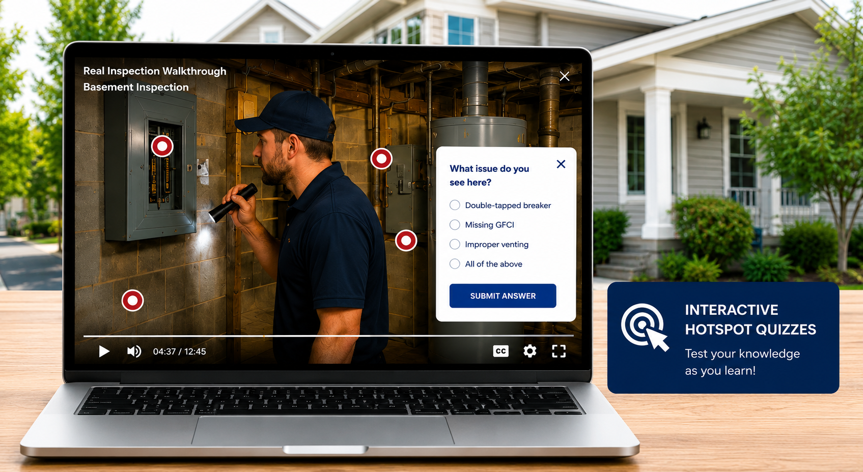 Laptop showing an interactive home inspection course preview